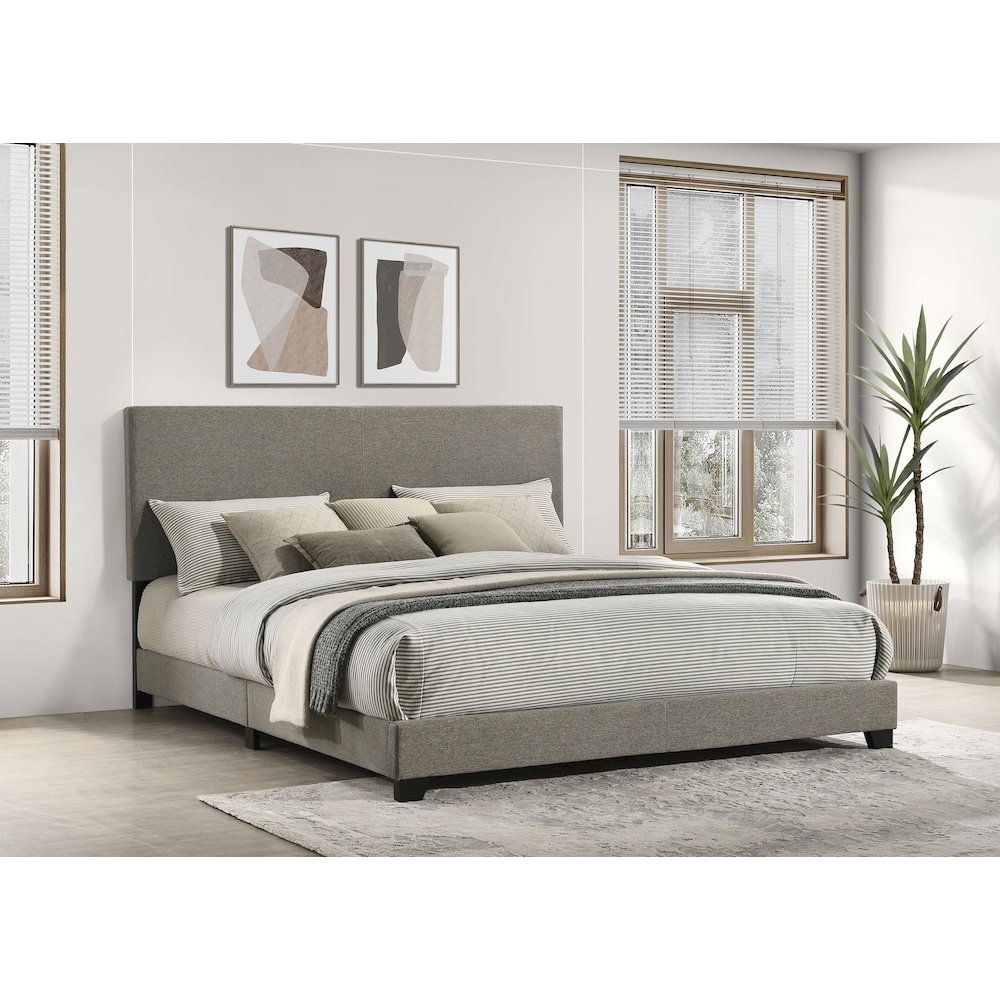 Dorian fabric upholstered California King panel bed in taupe with a sleek, modern design and sturdy frame.