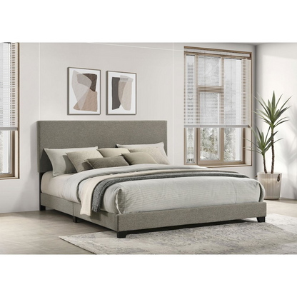 Dorian fabric upholstered California King panel bed in taupe with a sleek, modern design and sturdy frame.