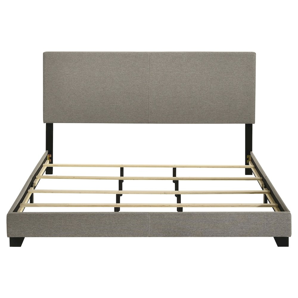 Dorian fabric upholstered California King panel bed in taupe with clean lines and padded headboard, by Start2Finish.