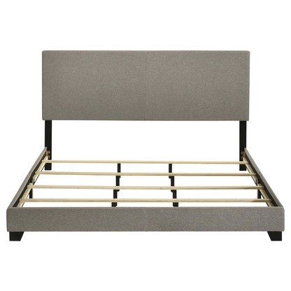 Dorian fabric upholstered California King panel bed in taupe with clean lines and padded headboard, by Start2Finish.