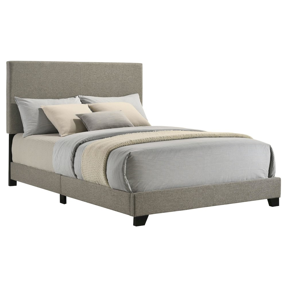 Taupe fabric upholstered full panel bed by Start2Finish with a sleek headboard and clean-lined design for a modern bedroom setting.
