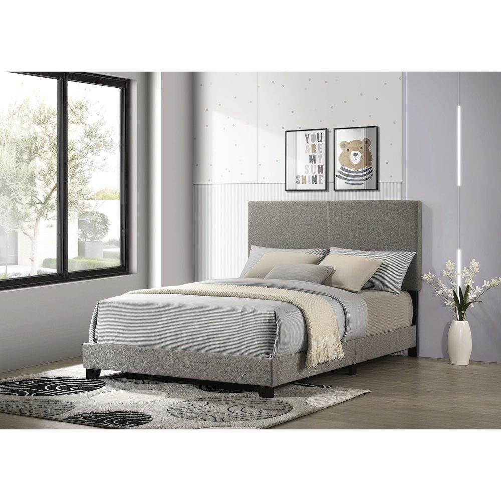 Taupe Dorian fabric upholstered full panel bed with clean lines and padded headboard, stylish and comfortable bedroom furniture.