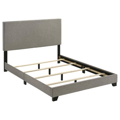 Taupe fabric upholstered Dorian full panel bed by Start2Finish, featuring a sleek, modern design and padded headboard.