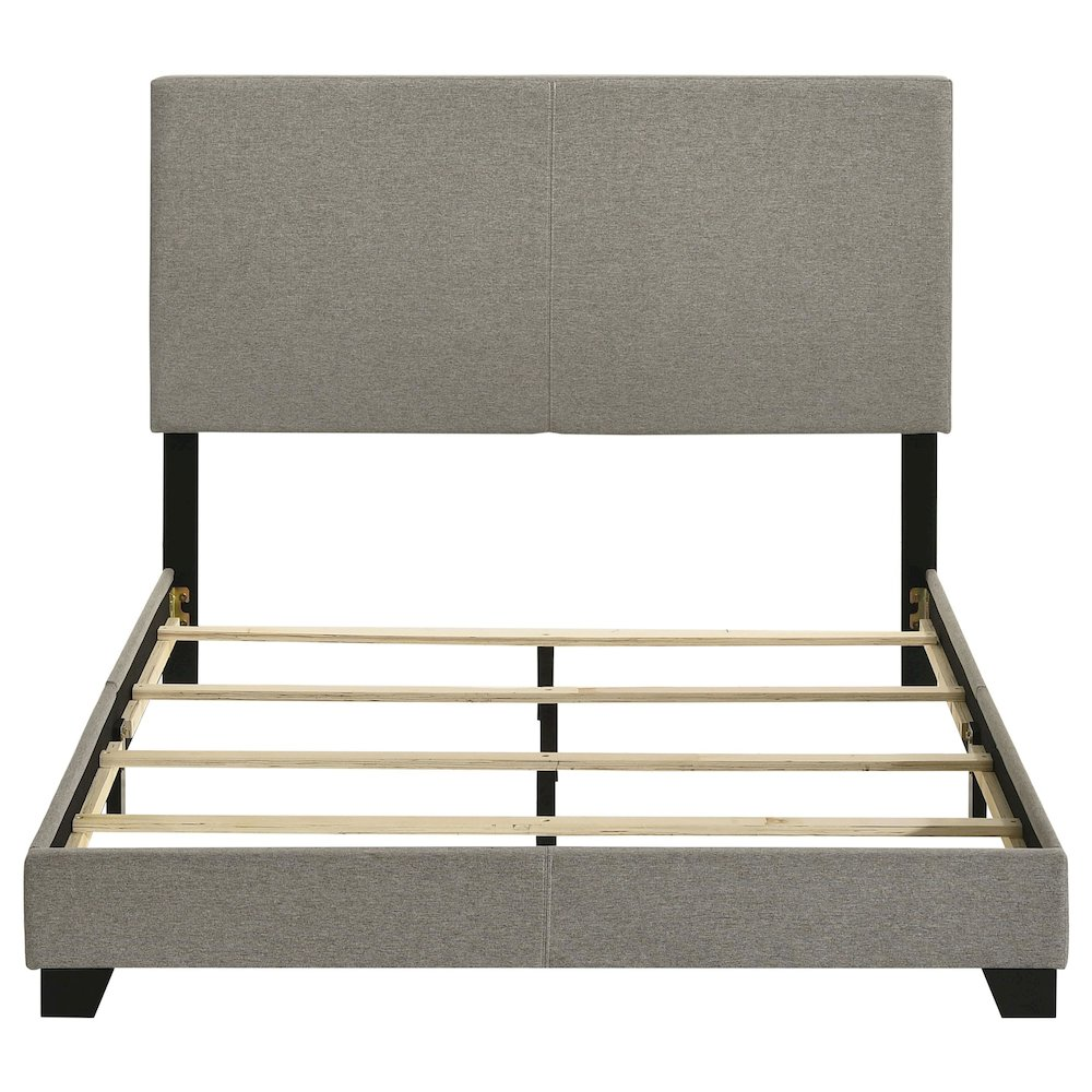 Taupe fabric upholstered full panel bed with a modern design from Start2Finish, featuring a padded headboard and sleek frame.