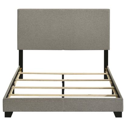 Taupe fabric upholstered full panel bed with a modern design from Start2Finish, featuring a padded headboard and sleek frame.