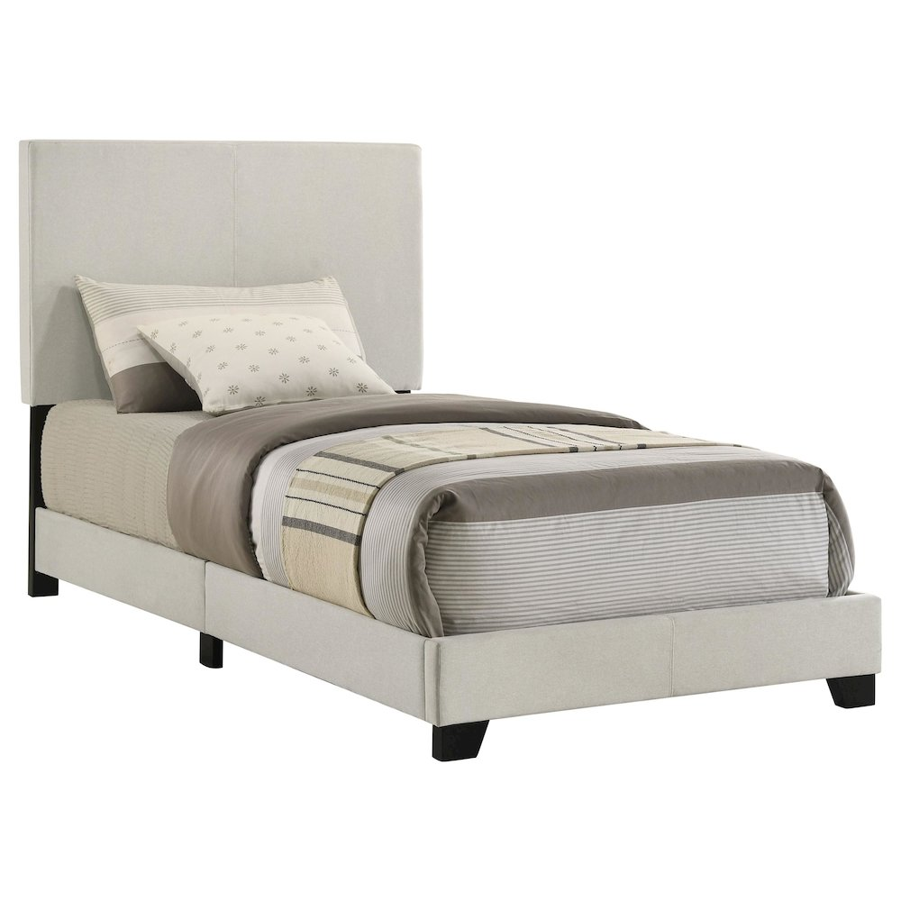 Cream fabric upholstered twin panel bed by Start2Finish with a clean, modern design and sturdy wooden frame.