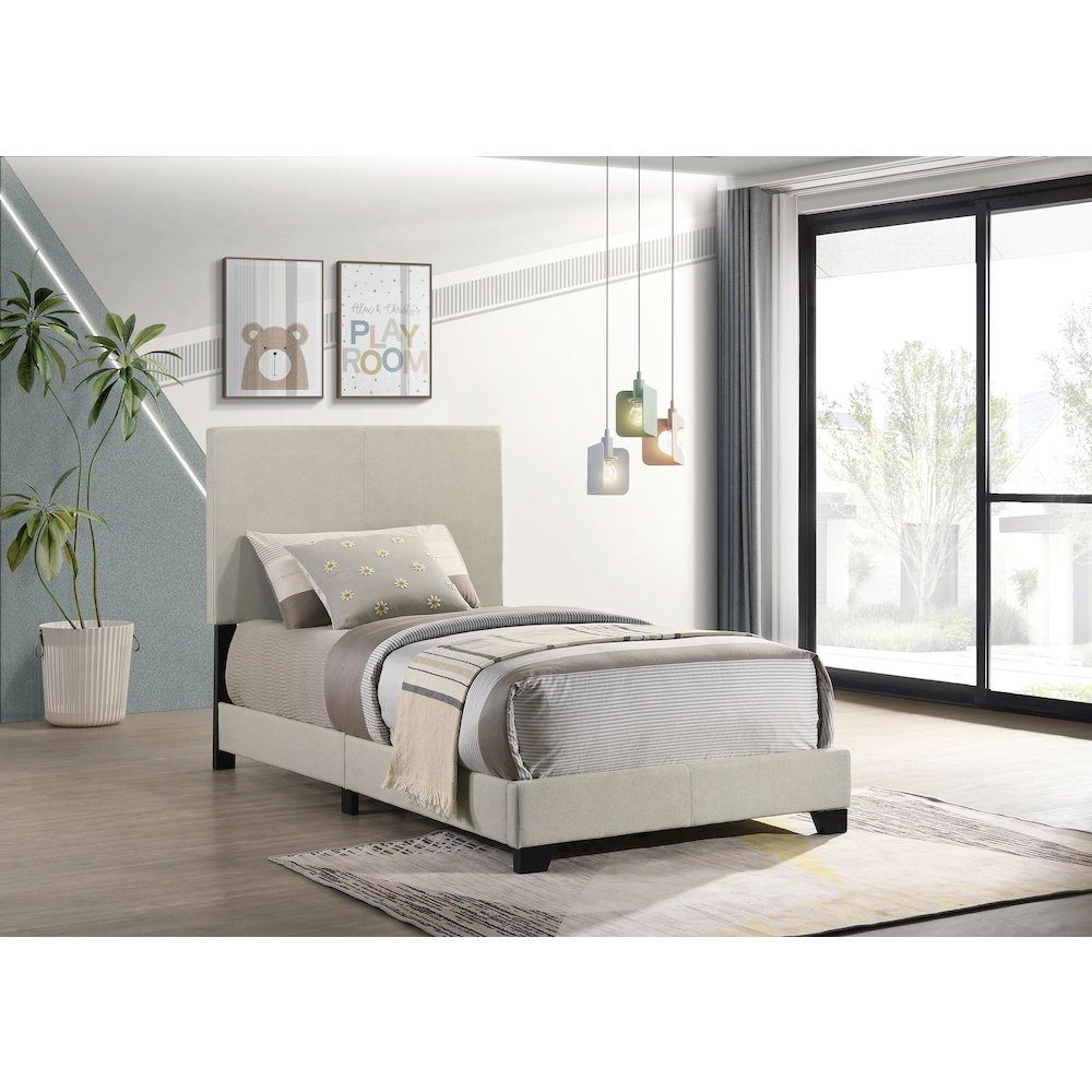Start2Finish Dorian Fabric Upholstered Twin Panel Bed in cream with a cushioned headboard and sleek design.