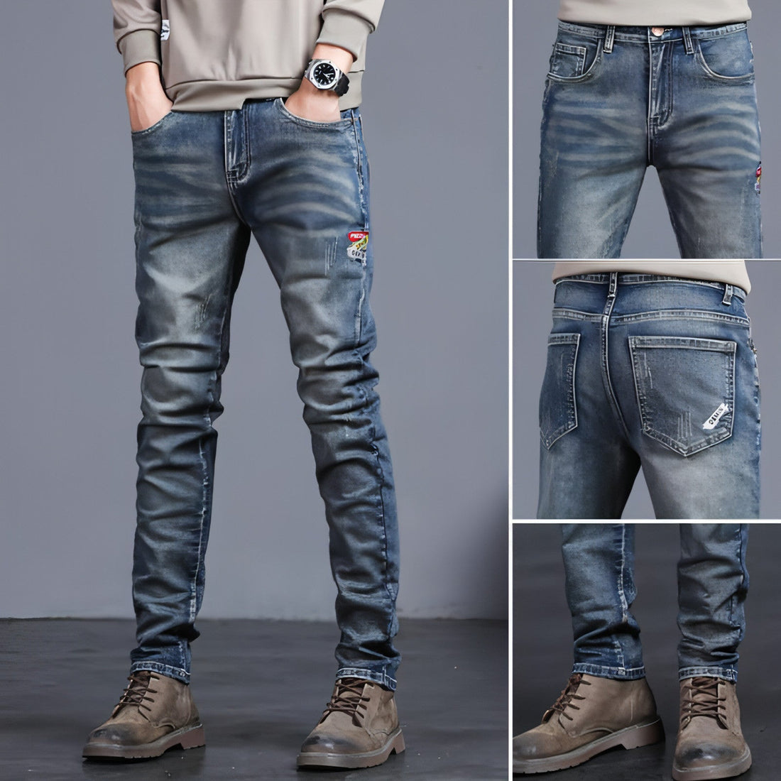 Youth retro embroidered denim pants for men by Carmine Juneberry, featuring classic jean style with colorful embroidery details.