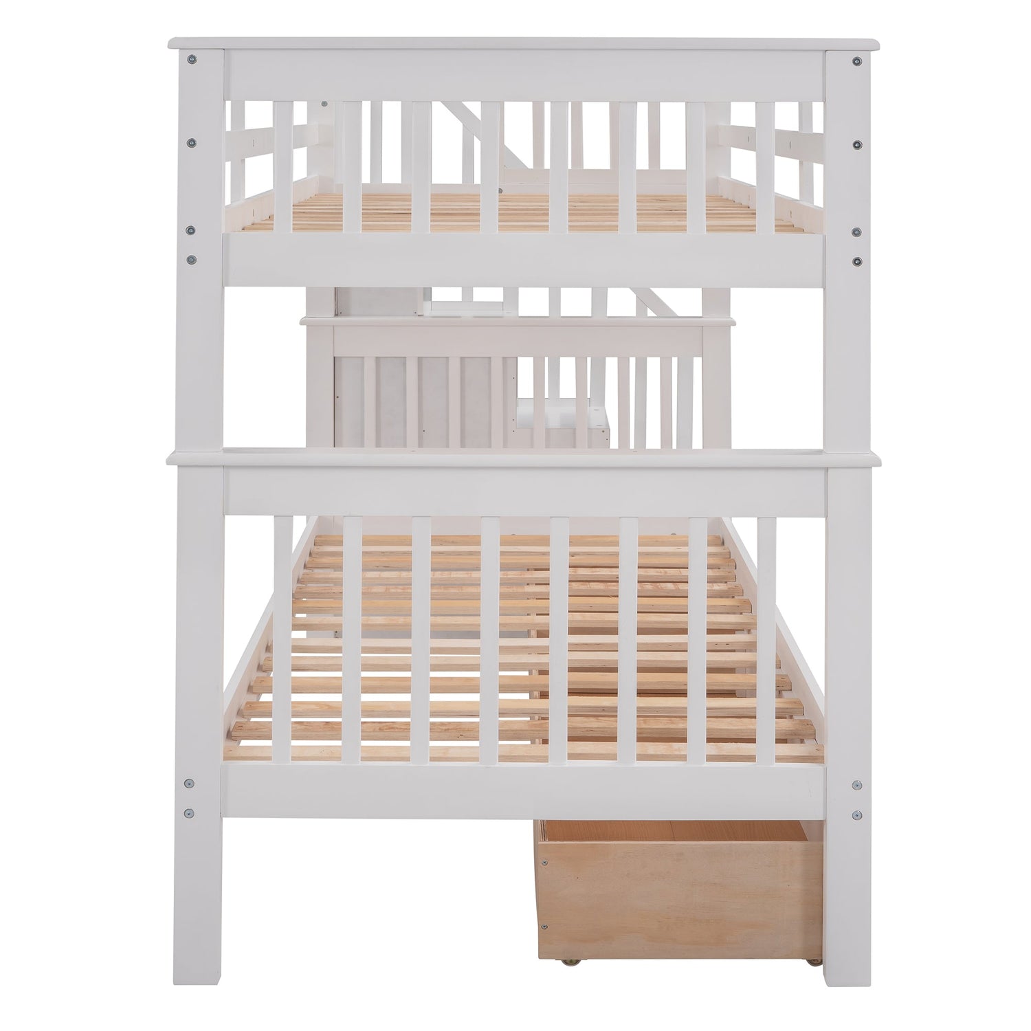 Sangria Beech twin-over-twin bunk bed with three storage drawers, featuring a sturdy wood frame and modern bedroom design