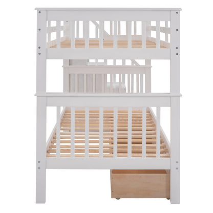Sangria Beech twin-over-twin bunk bed with three storage drawers, featuring a sturdy wood frame and modern bedroom design