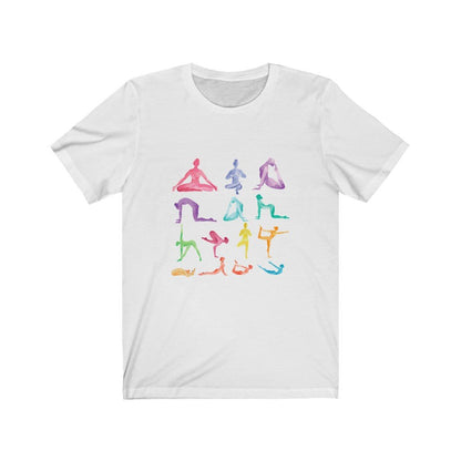 Yellow Pandora yoga poses print jersey short sleeve T-shirt featuring colorful yoga pose illustrations on soft fabric.