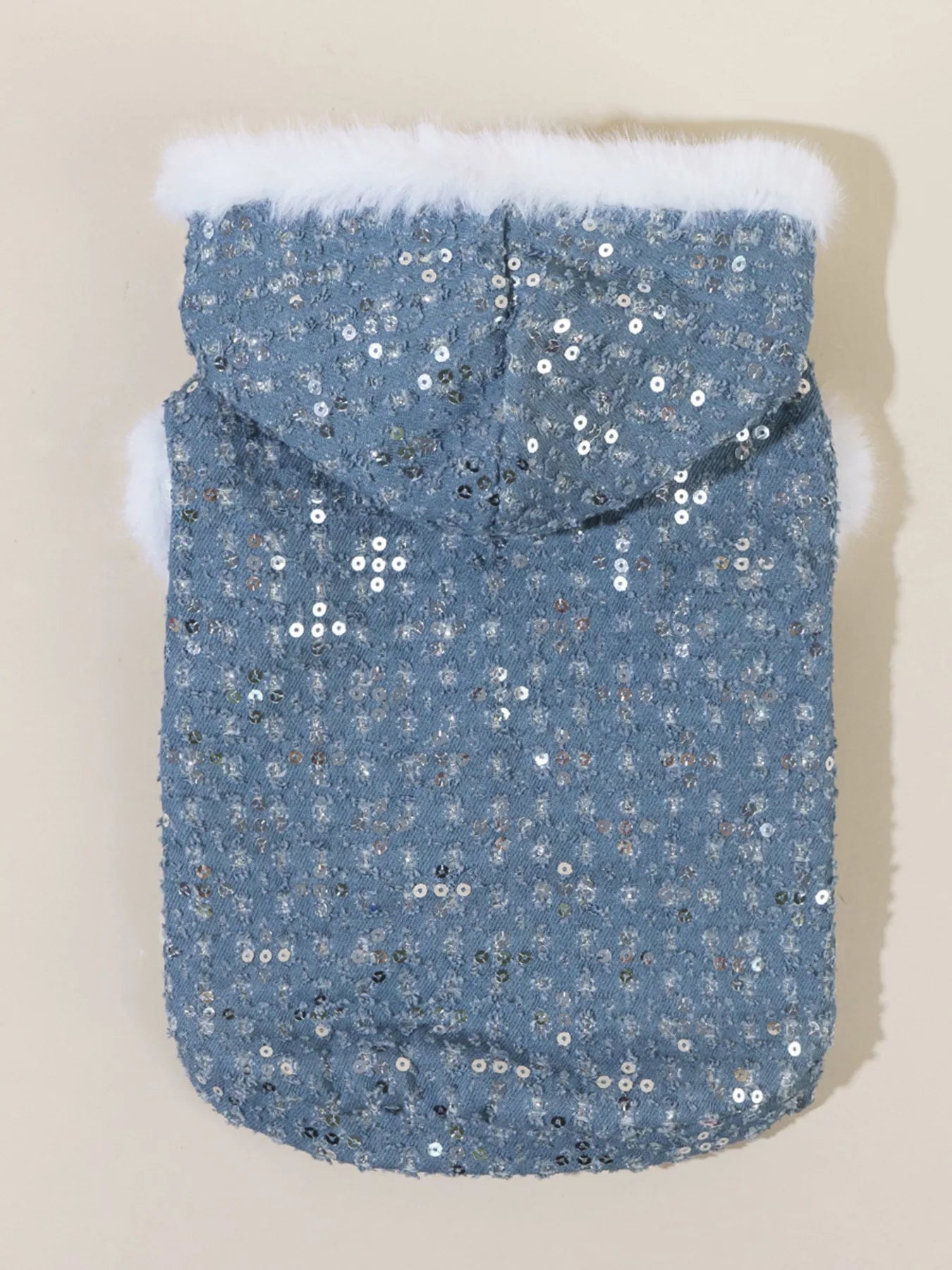 Sequin pet coat with fur trim by Pear Daisy, stylish and cozy for small dogs, featuring shiny sequins and plush fur details.