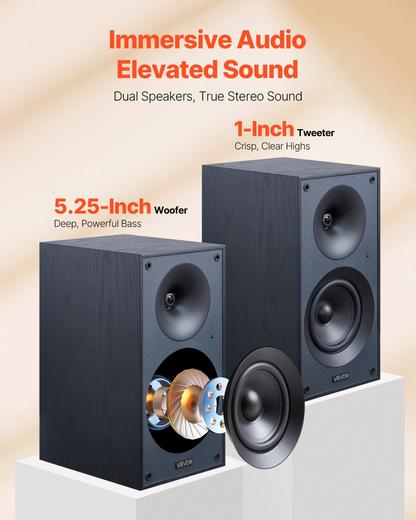 Start2Finish VEVOR powered bookshelf speakers with 25W stereo, 5.25-inch woofer, Bluetooth, RCA, optical, USB connections in wooden enclosure.