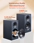 Start2Finish VEVOR powered bookshelf speakers with 25W stereo, 5.25-inch woofer, Bluetooth, RCA, optical, USB connections in wooden enclosure.