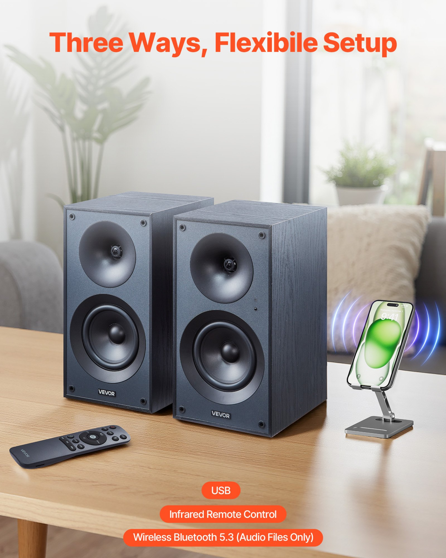 Start2Finish VEVOR powered bookshelf speakers with 5.25-inch woofer, wooden enclosure, Bluetooth, RCA, optical, USB, and subwoofer connection