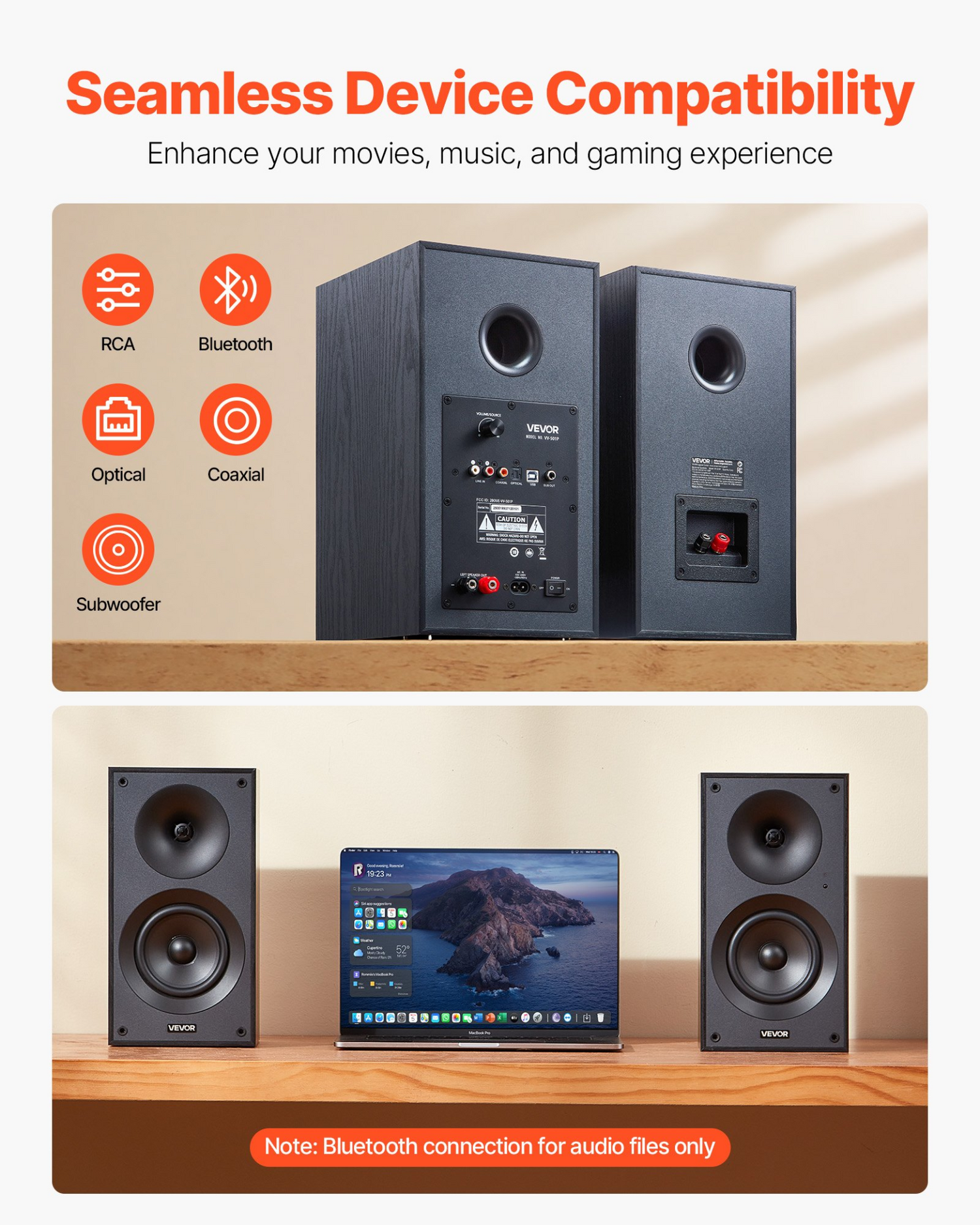 Start2Finish VEVOR powered bookshelf speakers with 5.25-inch woofer, Bluetooth, RCA, USB, optical, coaxial, and wooden enclosure.