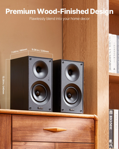 Start2Finish VEVOR powered bookshelf speakers with 5.25-inch woofer, Bluetooth, RCA, optical, USB, and wooden enclosure for studio audio