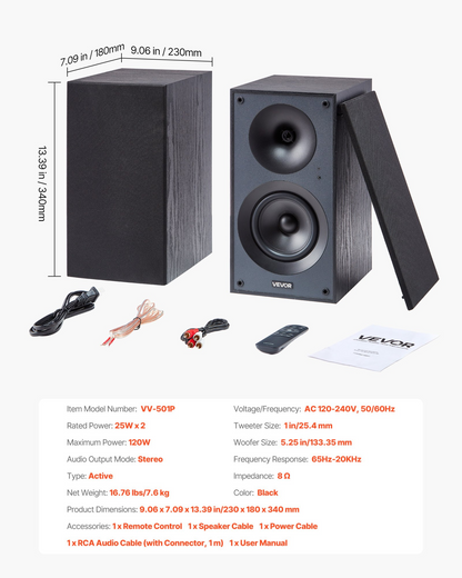 Start2Finish VEVOR powered bookshelf speakers with 5.25-inch woofer, Bluetooth, RCA, optical, USB, wooden enclosure for audio setup.