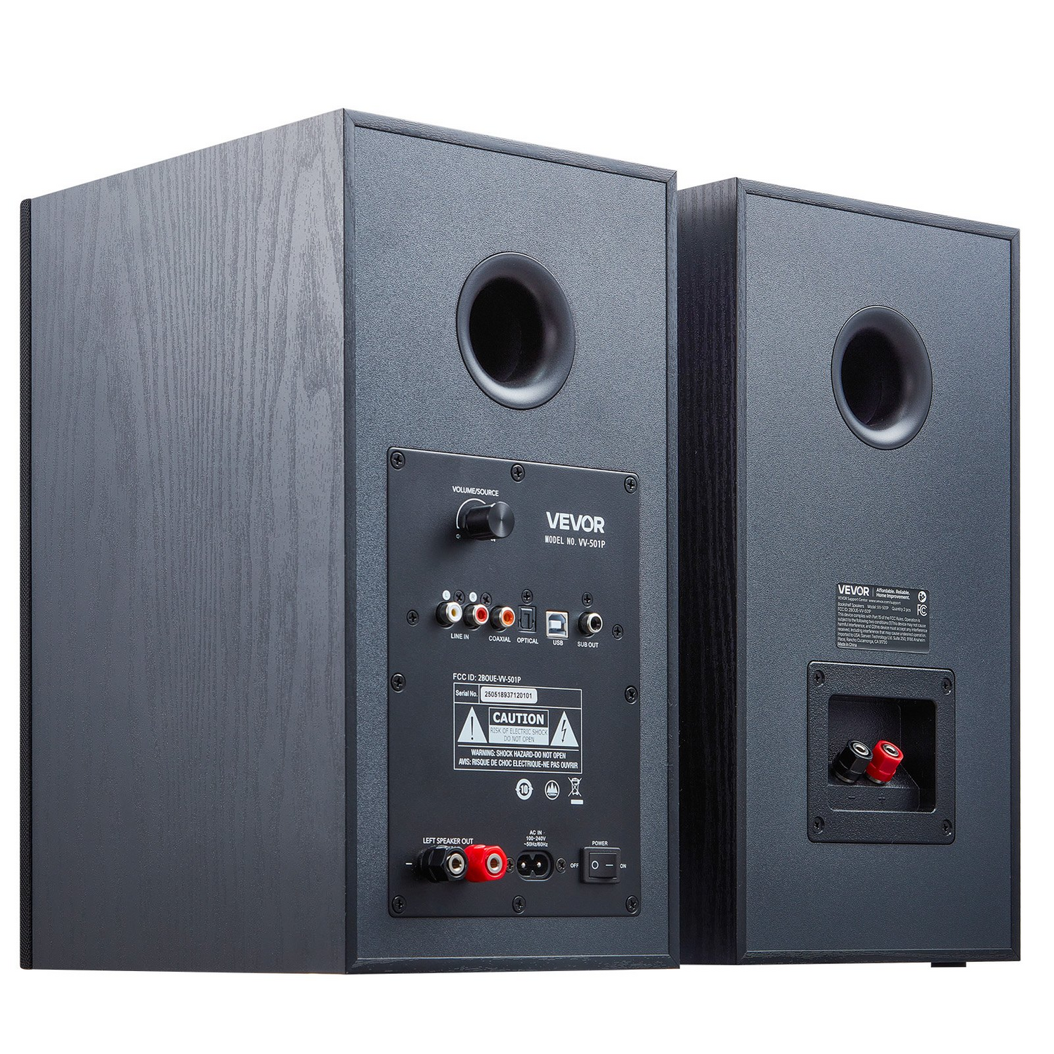 Start2Finish VEVOR powered bookshelf speakers with 5.25-inch woofer, Bluetooth, RCA, optical, USB, wooden enclosure, for studio sound.