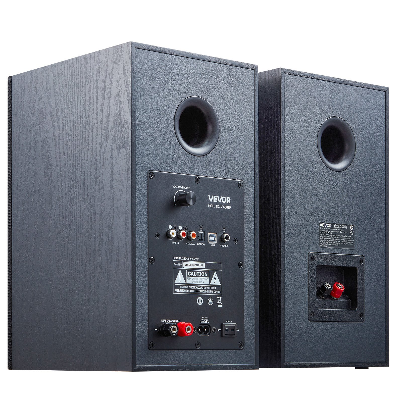 Start2Finish VEVOR powered bookshelf speakers with 5.25-inch woofer, Bluetooth, RCA, optical, USB, wooden enclosure, for studio sound.