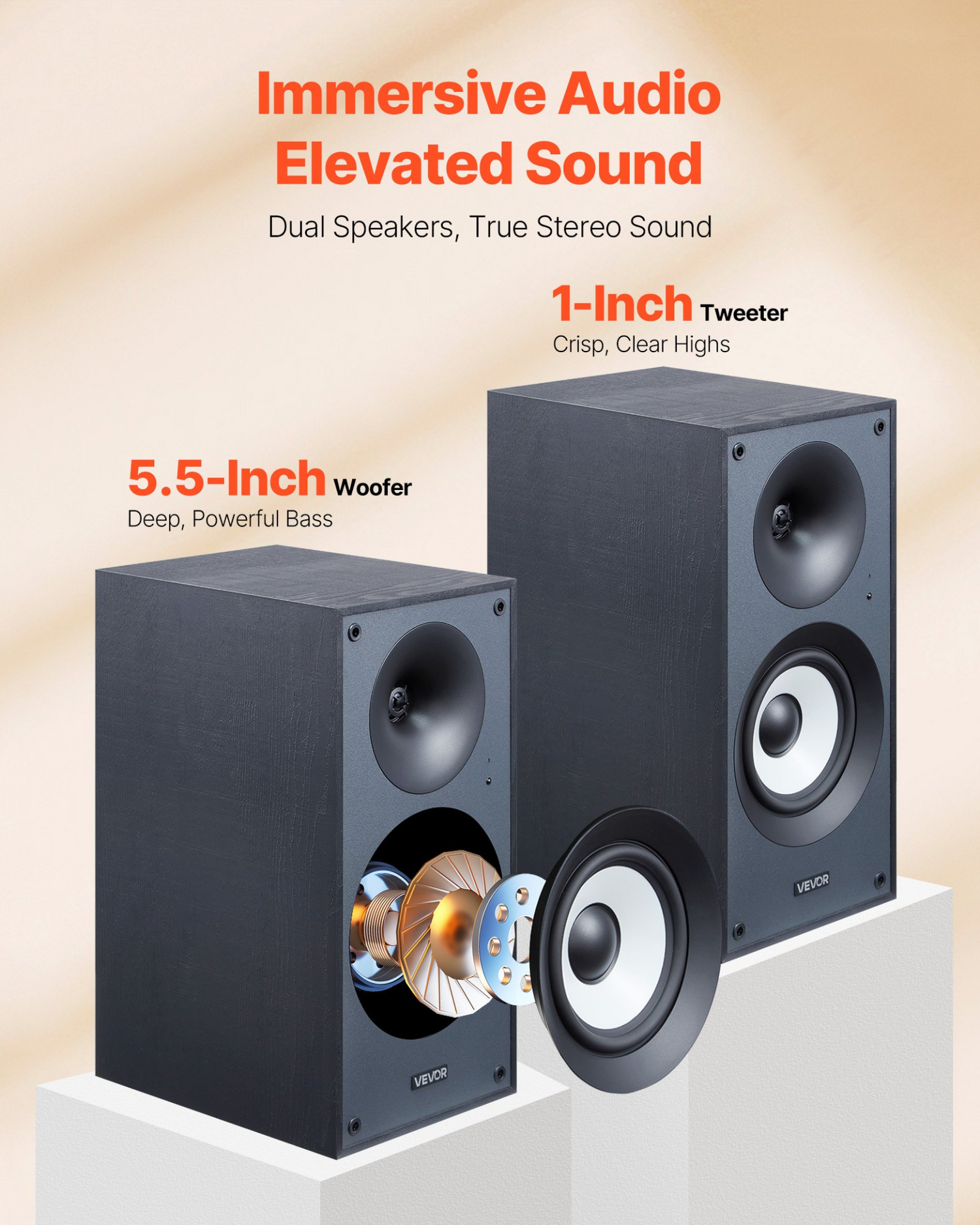 Start2Finish VEVOR powered bookshelf speakers with 5.5-inch woofer, Bluetooth, RCA, optical, USB, wooden enclosure for audio setup