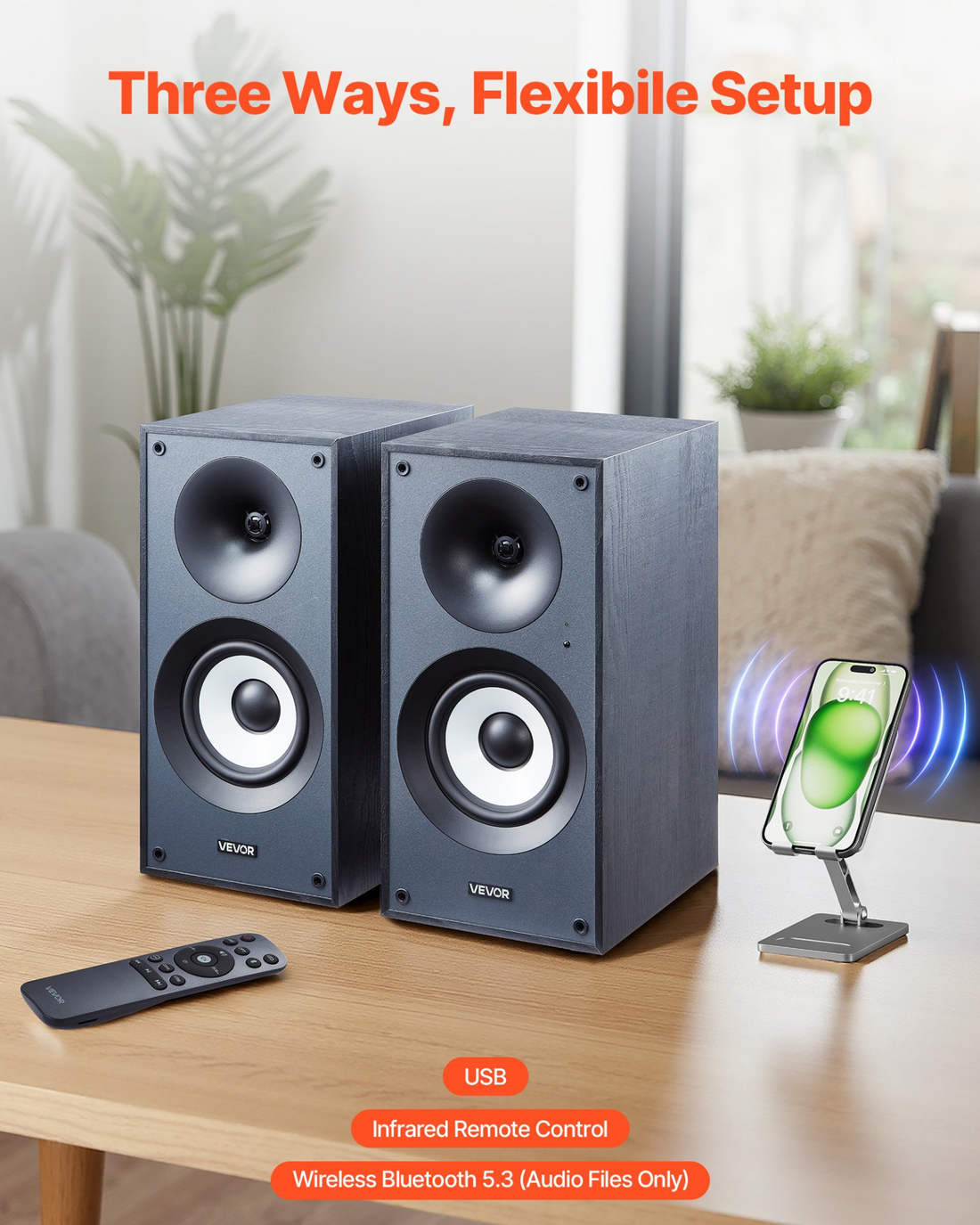 Start2Finish VEVOR powered bookshelf speakers with 5.5-inch woofer, Bluetooth and USB connectivity in wooden enclosure for audio playback.