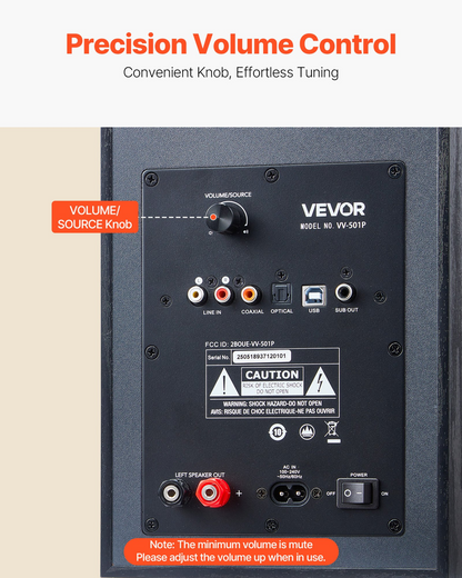 Start2Finish VEVOR powered bookshelf speakers with 5.5-inch woofer, Bluetooth, RCA, optical, USB, wooden enclosure, for audio setup.