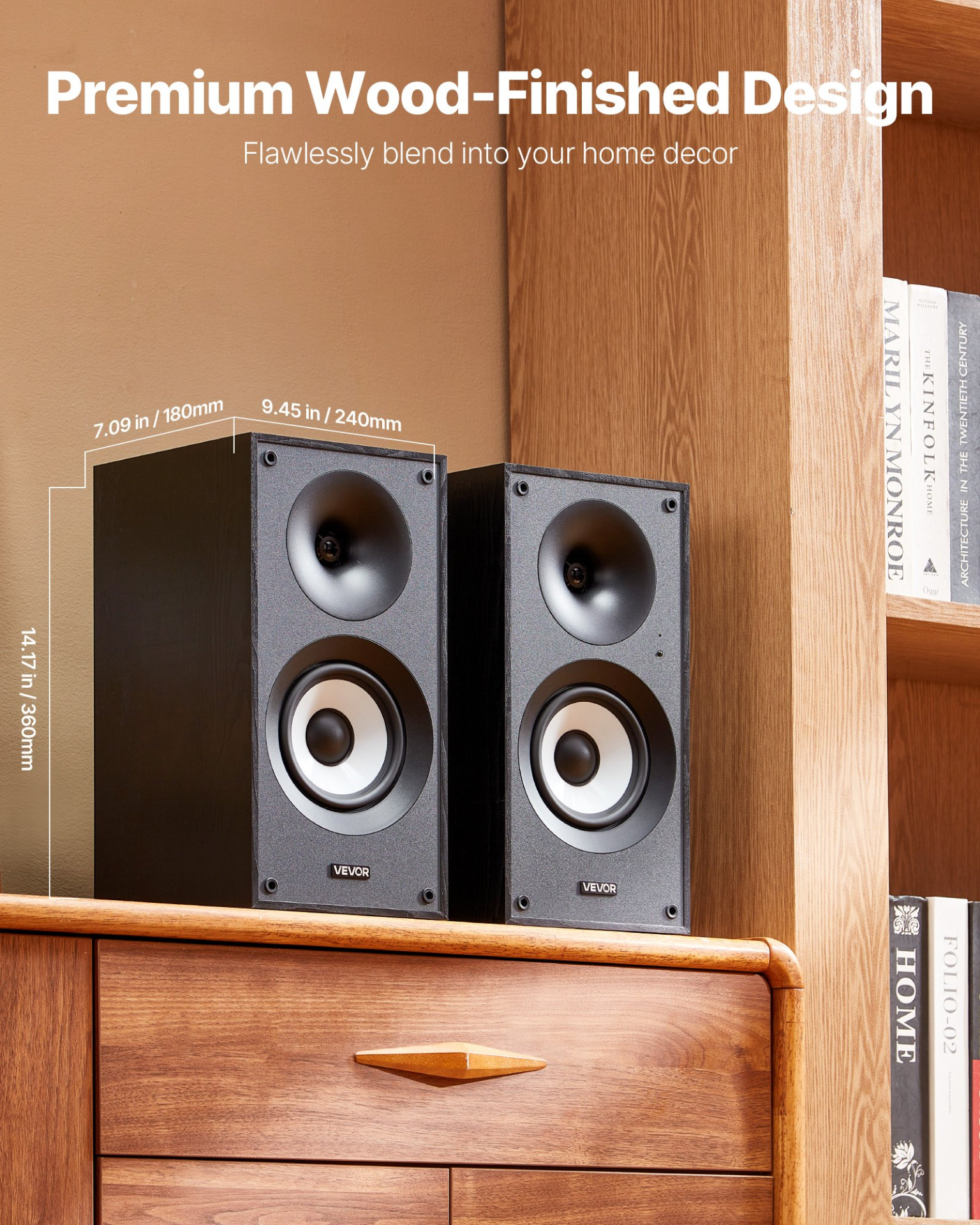 Vevor powered bookshelf speakers with 5.5-inch woofer, wooden enclosure, Bluetooth and multiple connection options for audio setup.