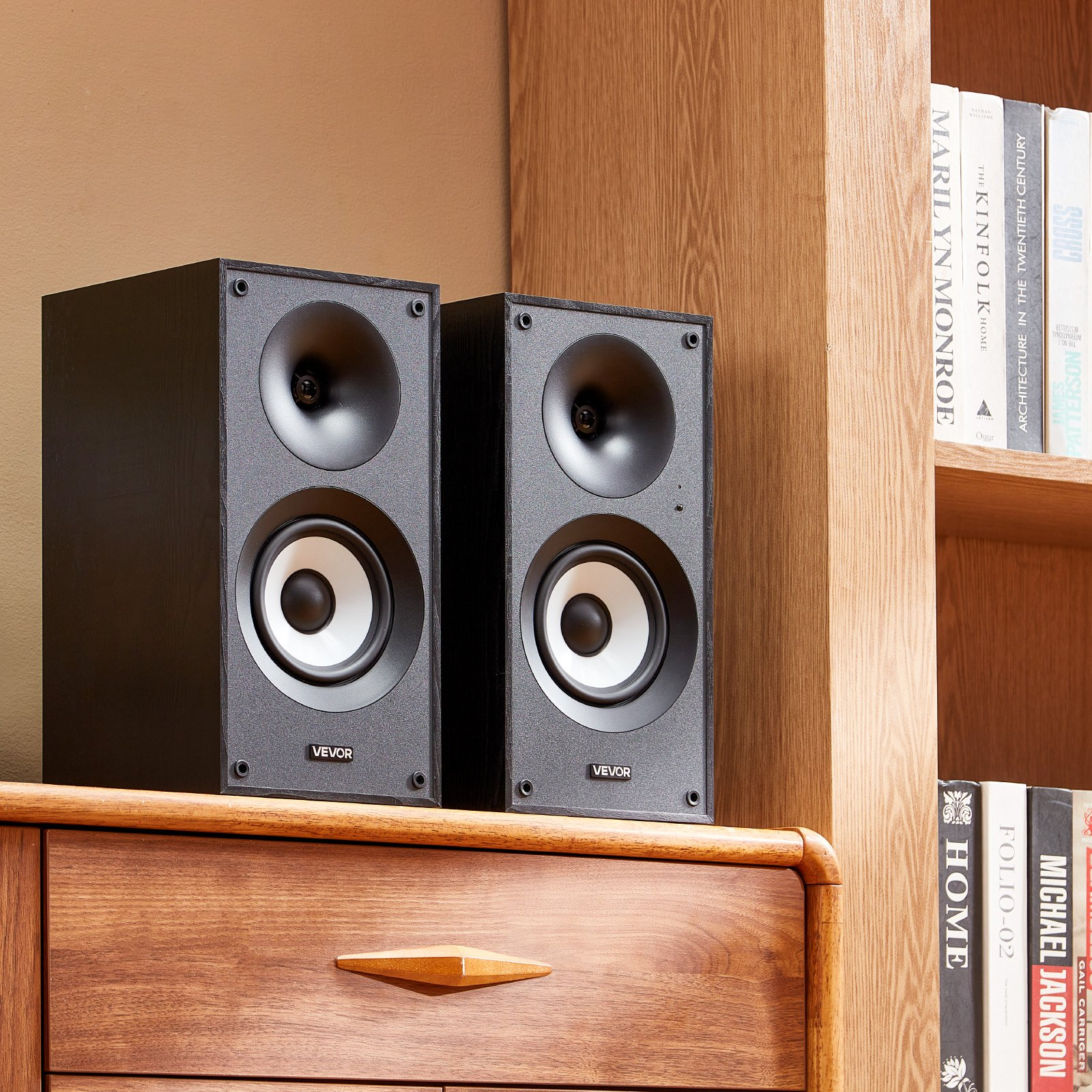 Start2Finish VEVOR powered bookshelf speakers with 5.5-inch woofer, Bluetooth and RCA connectivity, wooden enclosure, for audio setup.