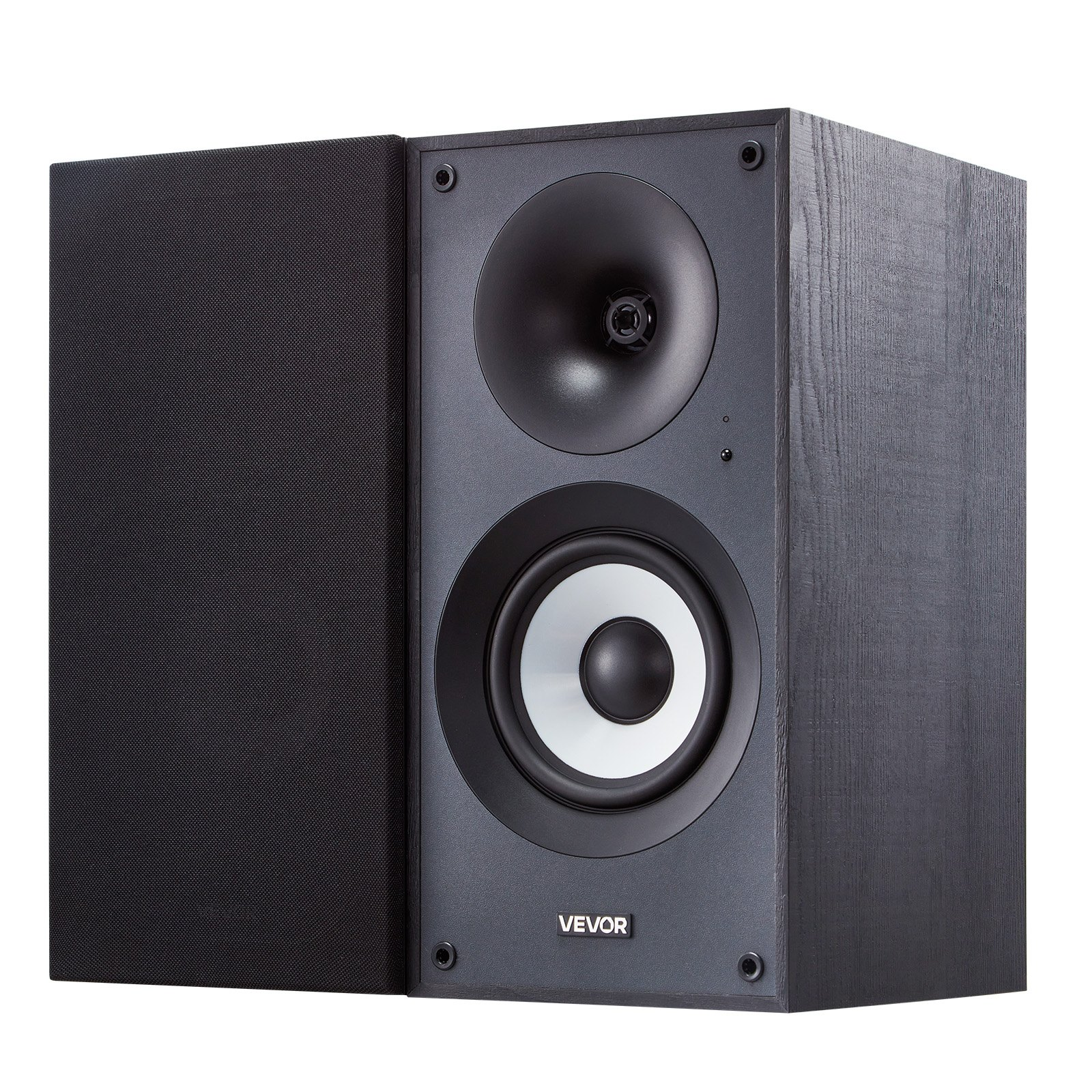 Start2Finish VEVOR powered bookshelf speakers with 5.5-inch woofer, Bluetooth, RCA, optical, USB, and wooden enclosure for audio.