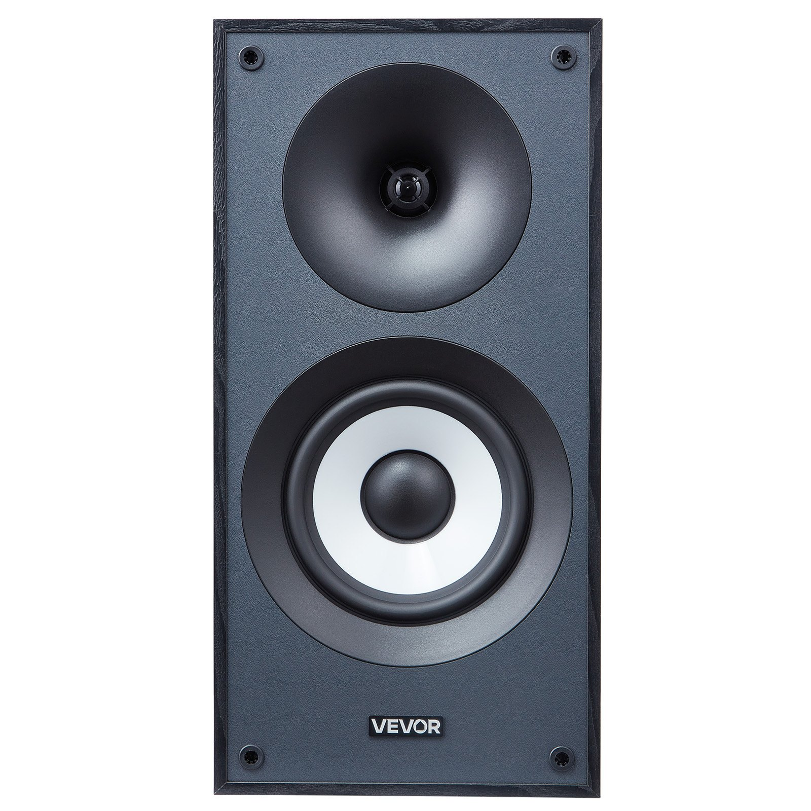 Start2Finish VEVOR powered bookshelf speakers with 5.5-inch woofer, wooden enclosure, Bluetooth, RCA, USB, and subwoofer connection.