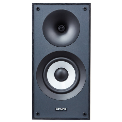 Start2Finish VEVOR powered bookshelf speakers with 5.5-inch woofer, wooden enclosure, Bluetooth, RCA, USB, and subwoofer connection.