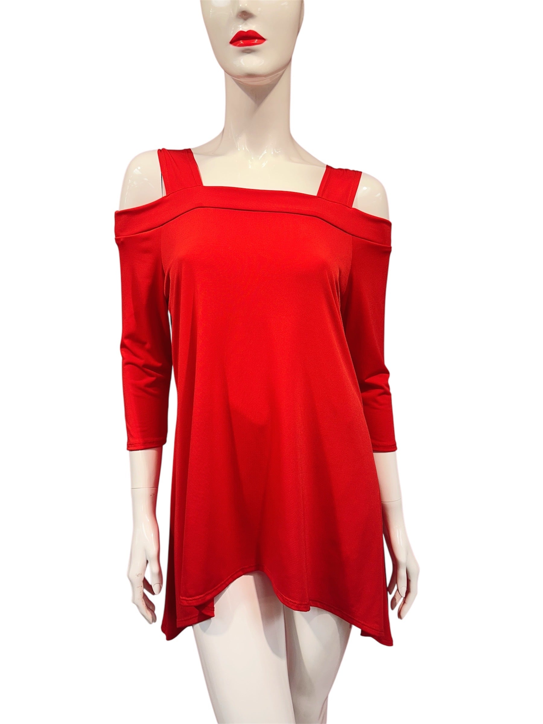 Candy red cold shoulder top for women by Olive Nesoi, featuring a stylish cold shoulder design and lightweight fabric.