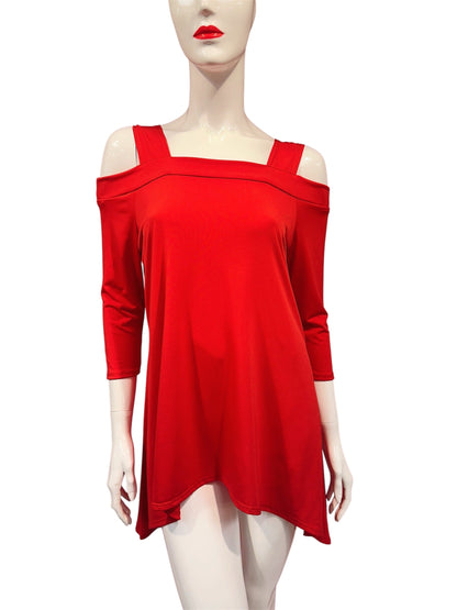 Candy red cold shoulder top for women by Olive Nesoi, featuring a stylish cold shoulder design and lightweight fabric.