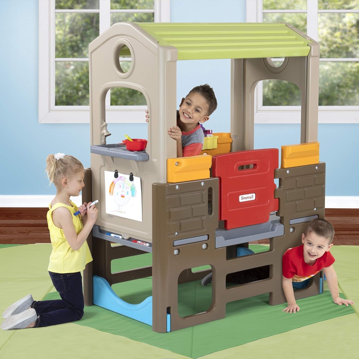 Peach Maple Discovery Playhouse for kids, indoor outdoor climbing furniture with colorful climbing structures and play areas.