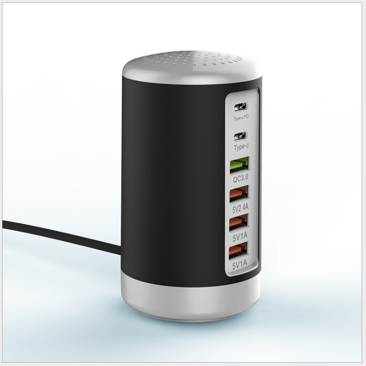 Maroon Asteria 6-port cylindrical adapter with 65W fast charging for mobile devices and laptops, featuring multiple USB ports and a compact design.