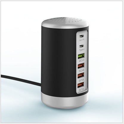 Maroon Asteria 6-port cylindrical adapter with 65W fast charging for mobile devices and laptops, featuring multiple USB ports and a compact design.