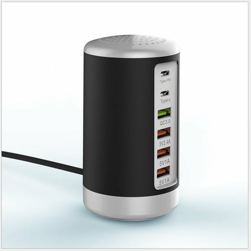 Maroon Asteria 6-port cylindrical adapter with 65W fast charging for mobile and laptop devices, compact high-power accessory