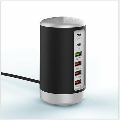 Maroon Asteria 6-port cylindrical adapter with 65W fast charging for mobile and laptop devices, compact high-power accessory
