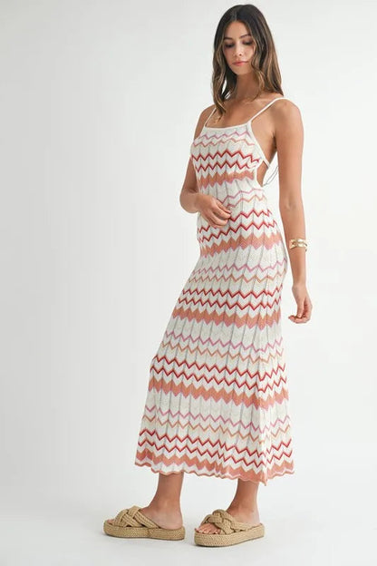 Lightweight MABLE Pointelle Chevron Knit Maxi Dress by Pear Daisy, featuring a delicate knit pattern and flowing silhouette.