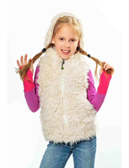 Cream faux fur vest for kids from Champagne Cronus, shown on a child, soft and plush with a cozy, stylish appearance.