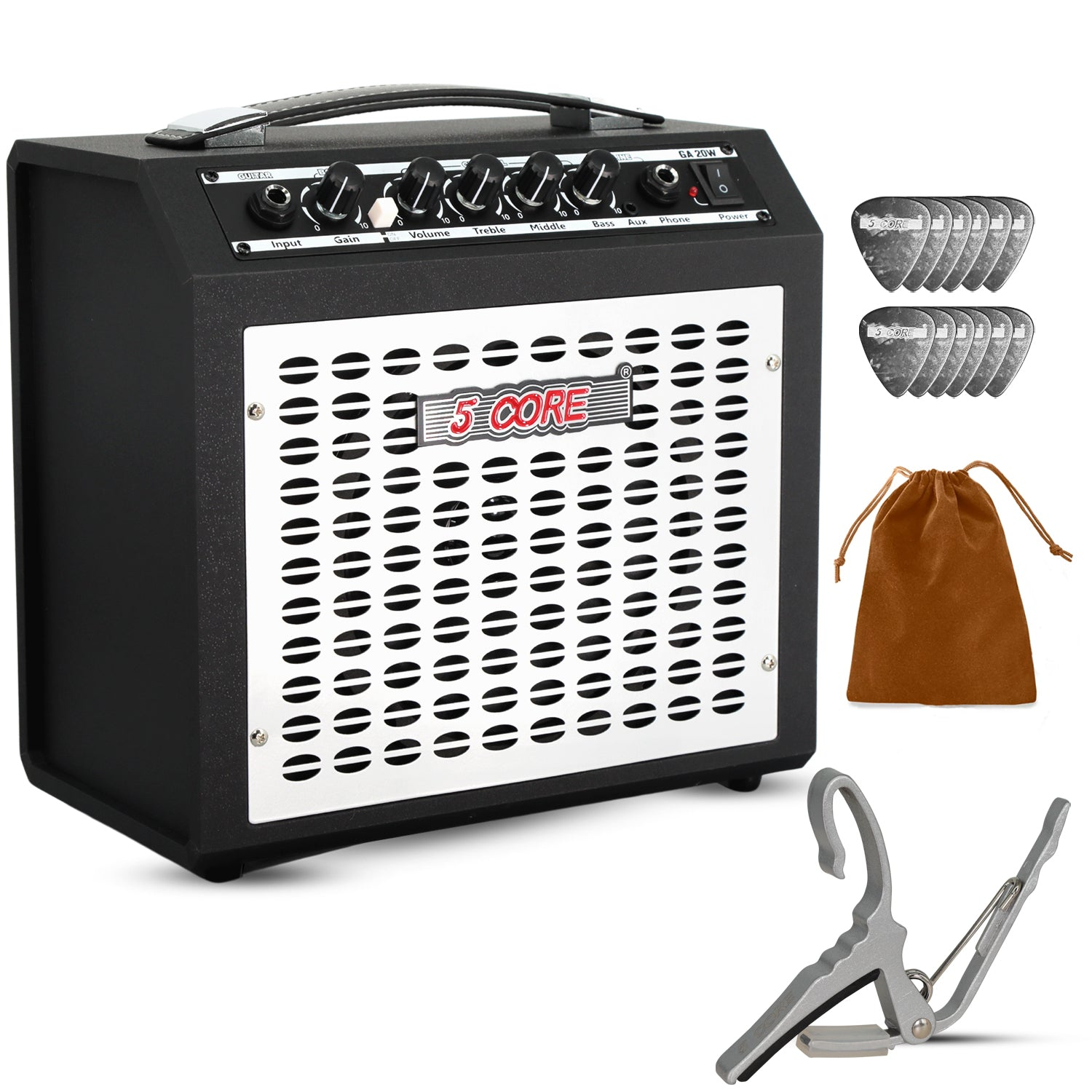 Start2Finish 20W portable electric guitar amplifier with built-in 6.5-inch speaker, aux input, and headphone jack, ideal for musical practice.