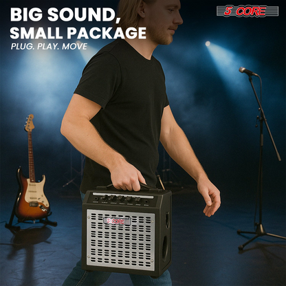 Start2Finish 20W portable guitar amplifier with built-in 6.5-inch speaker, aux input, and headphone jack for musical instruments.