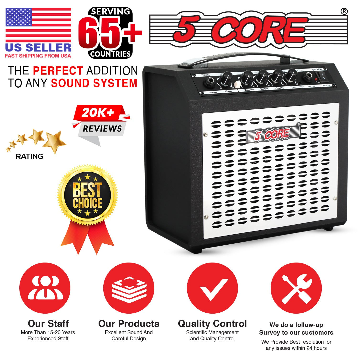 Start2Finish 20W portable guitar amplifier with built-in 6.5-inch speaker, aux input, headphone jack, compact electric musical instrument