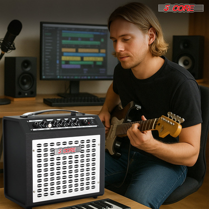 Start2Finish 20W portable guitar amplifier with built-in 6.5-inch speaker, aux input, and headphone jack for musical instruments.