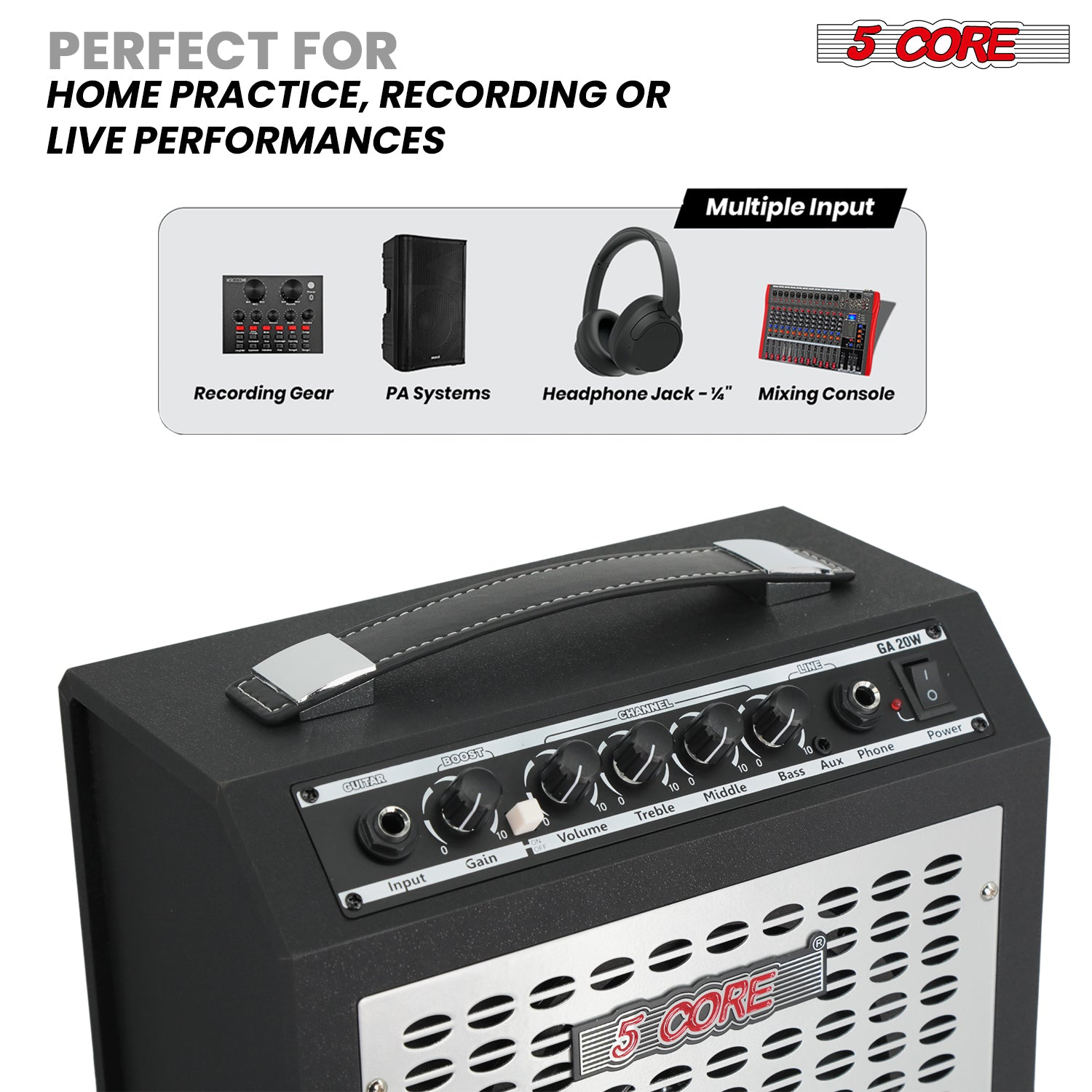 Start2Finish 20W portable guitar amplifier with built-in 6.5-inch speaker, aux input, headphone jack, ideal for musical instruments.