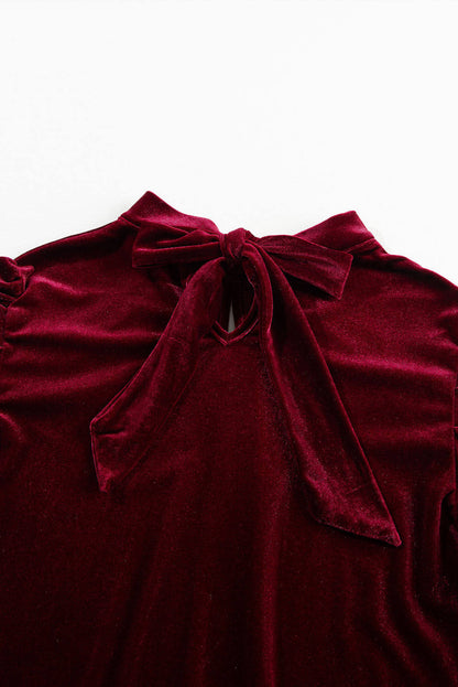 Fiery red velvet blouse with mock neck and puff sleeves from Carmine Juneberry, stylish tops and blouses for elegant fashion.