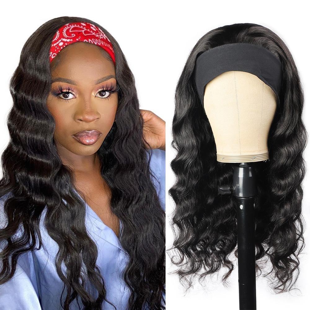 Cerise Alfie loose body wave headband wig made of human hair, easy to wear, no glue, styled with a scarf for a natural look