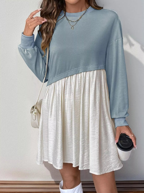 Two-tone dropped shoulder dress for women by Ruby Styx, featuring a stylish relaxed fit with contrasting fabric panels.