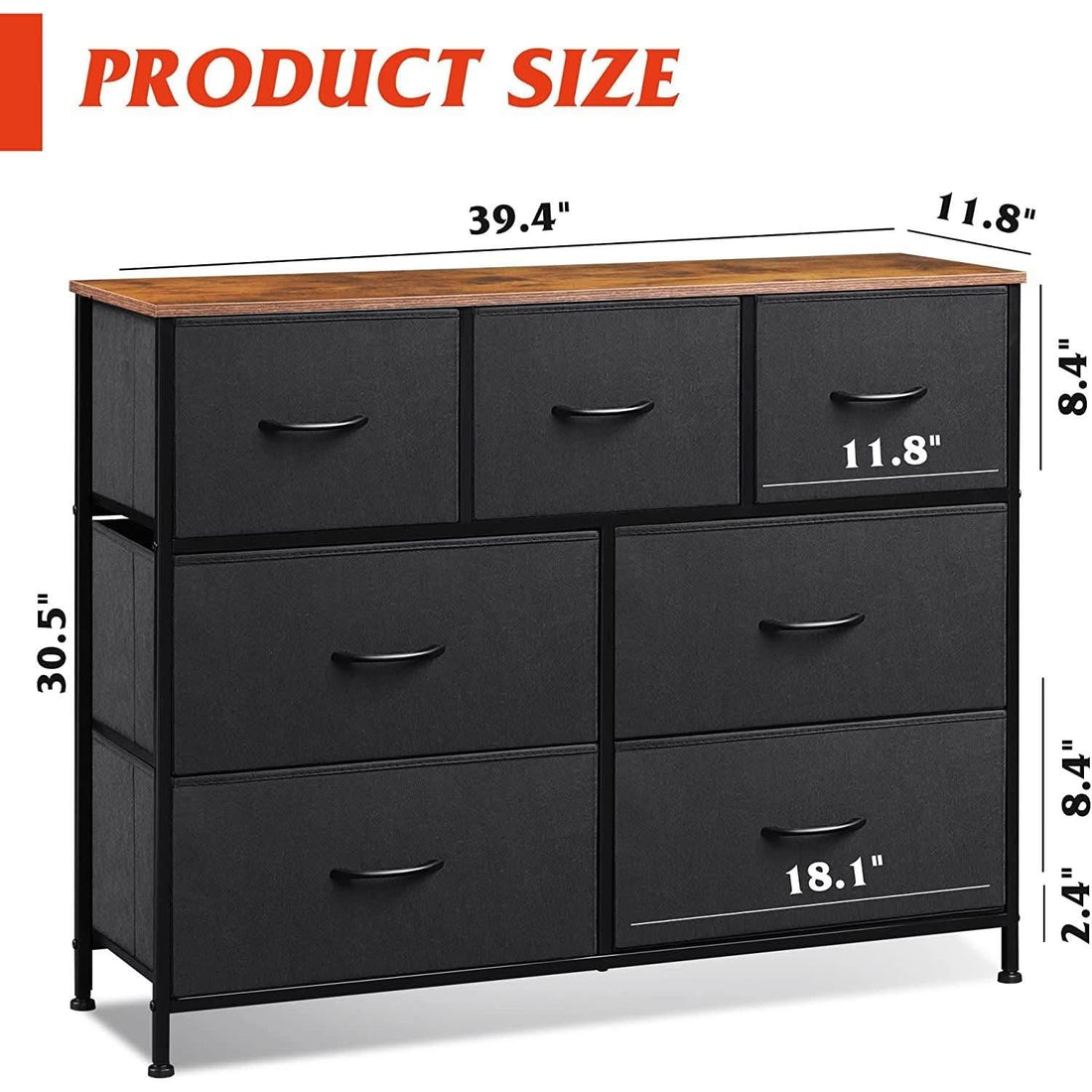 7 Drawer Dresser With Deep Storage And Wood Top Finish